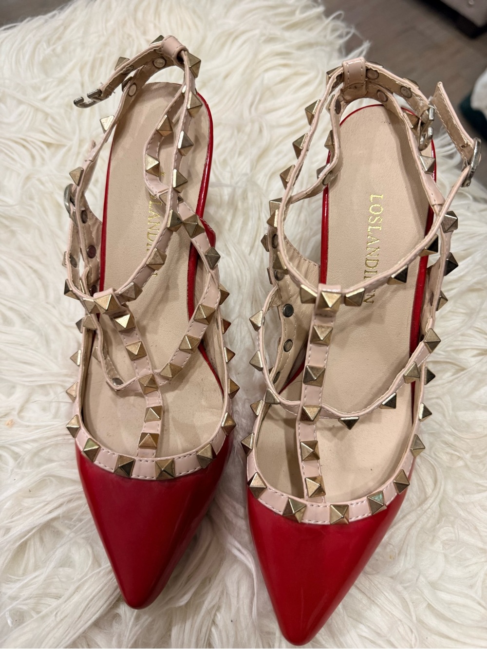 Red Patent Pointed Flats with Nude Studded Straps